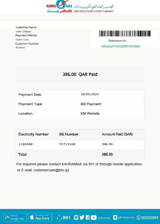 Qatar Kahramaa utility bill template in Word and PDF formats